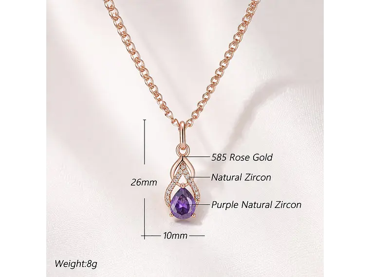Collar Gota Cristal Morado y Circones Dorado Rosa 8