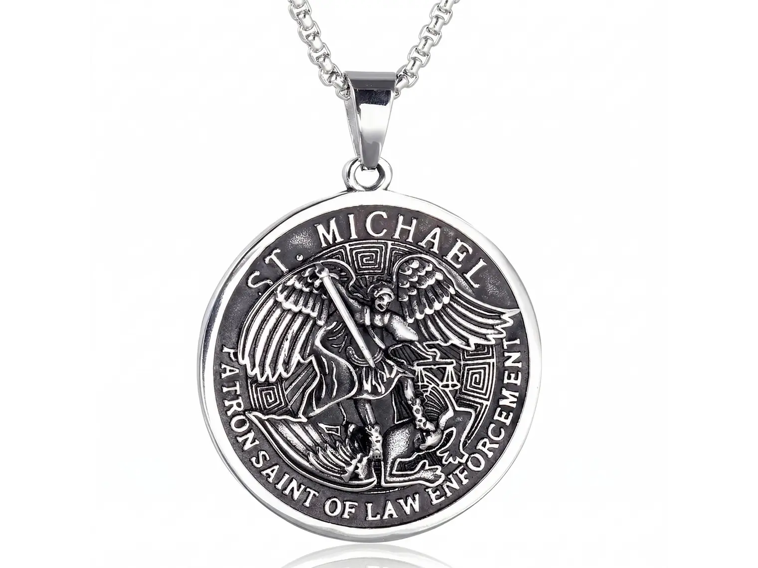 Collar Medallón San Miguel Arcangel Cadena Acero 60cm 1