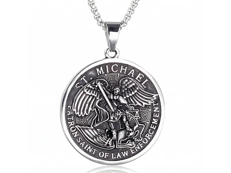 Collar Medallón San Miguel Arcangel Cadena Acero 60cm 1