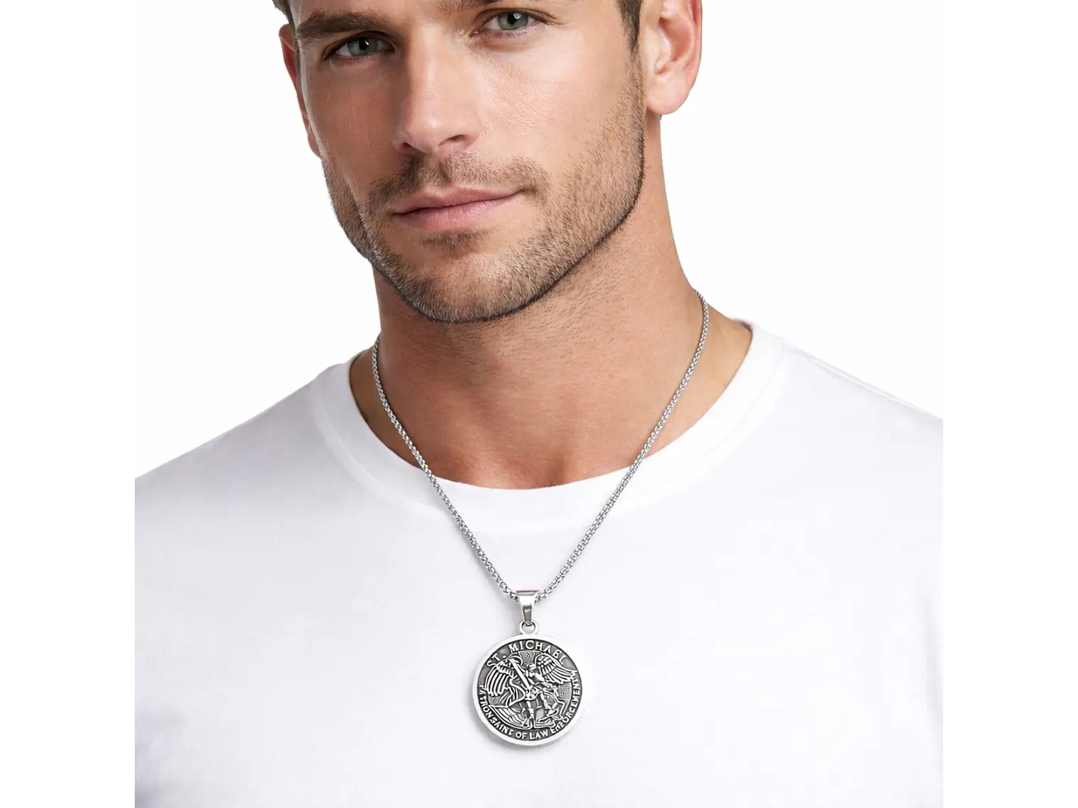 Collar Medallón San Miguel Arcangel Cadena Acero 60cm 5