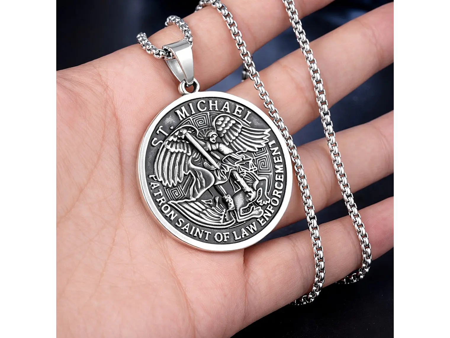 Collar Medallón San Miguel Arcangel Cadena Acero 60cm 6