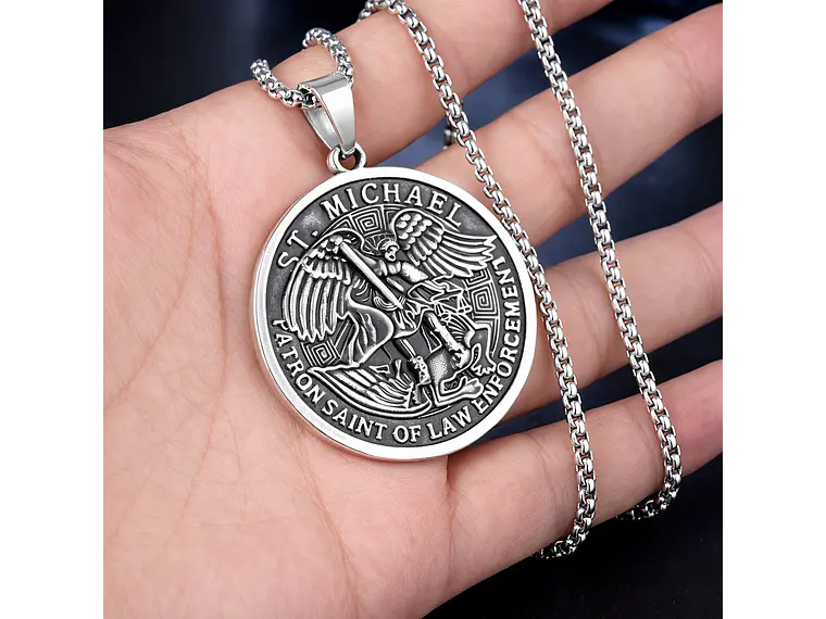 Collar Medallón San Miguel Arcangel Cadena Acero 60cm 6
