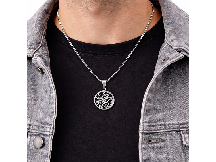 Collar Tetragrammaton Pentágono 27mm Cadena 60cm Acero 3