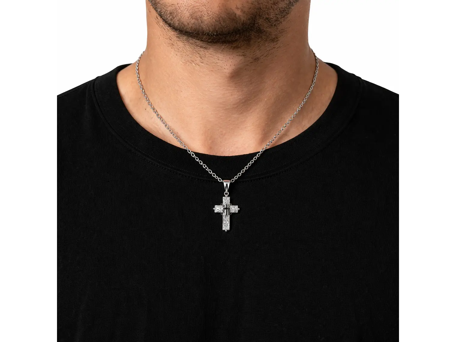 Collar Mini Cruz Cristal Blanco y Acero Plateada 3