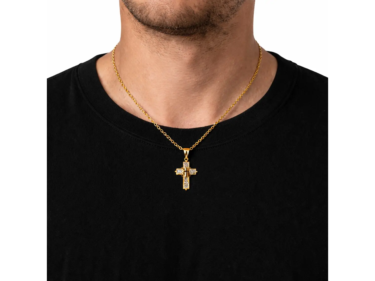 Collar Mini Cruz Cristal Blanco y Acero Dorado 3