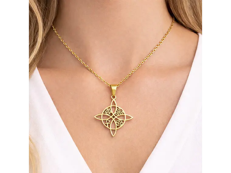 Collar Nudo de Bruja Cinco Elementos Acero Dorado 3