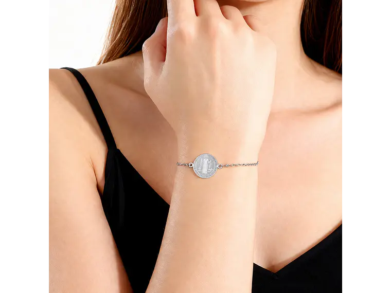 Pulsera Medalla San Benito Acero Plateada 3
