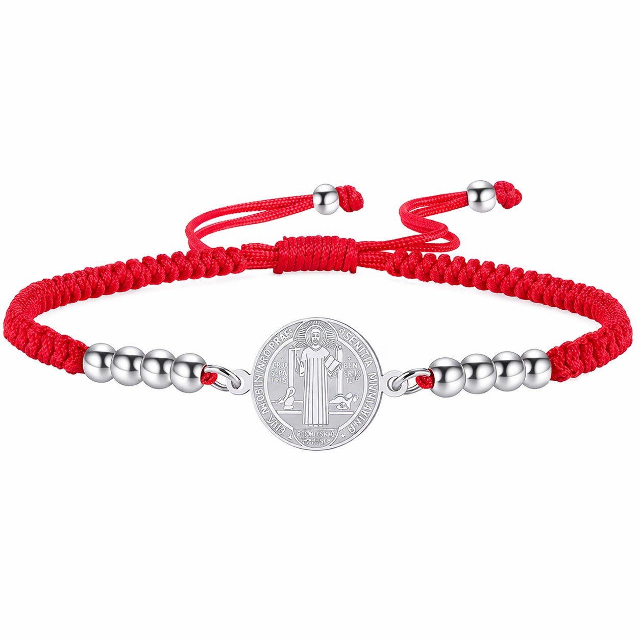 Pulsera Medalla San Benito Hilo Rojo y Acero Plateado
