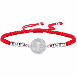 Pulsera Medalla San Benito Hilo Rojo y Acero Plateado