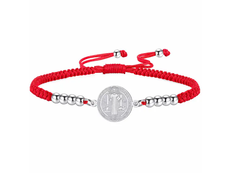 Pulsera Medalla San Benito Hilo Rojo y Acero Plateado 1