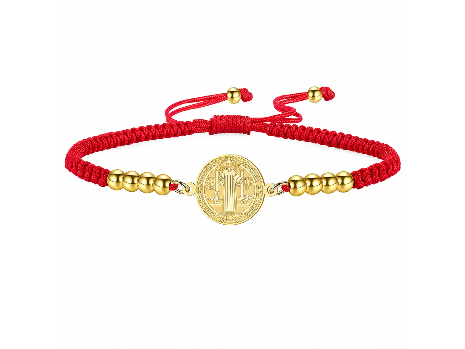 Pulsera Medalla San Benito Hilo Rojo y Acero Dorado 1