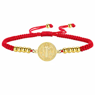 Pulsera Medalla San Benito Hilo Rojo y Acero Dorado