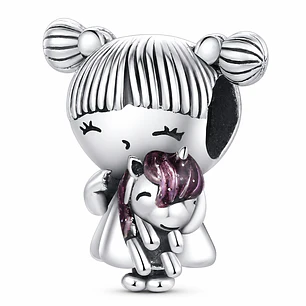 Charm Dije Plata 925 Niña Con Peluche Unicornio