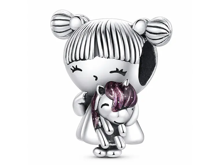 Charm Dije Plata 925 Niña Con Peluche Unicornio 1