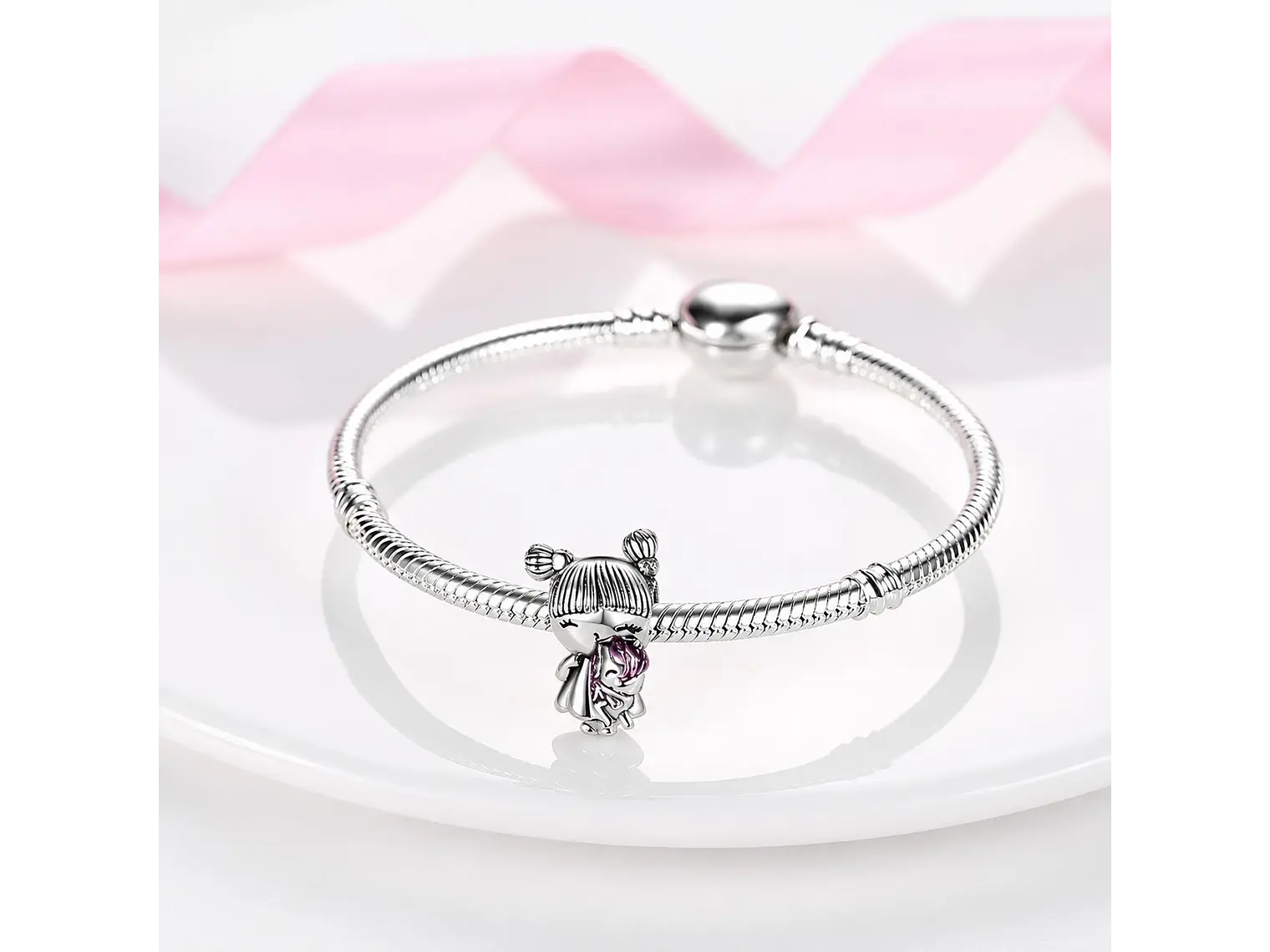 Charm Dije Plata 925 Niña Con Peluche Unicornio 2