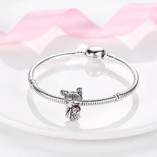 Charm Dije Plata 925 Niña Con Peluche Unicornio