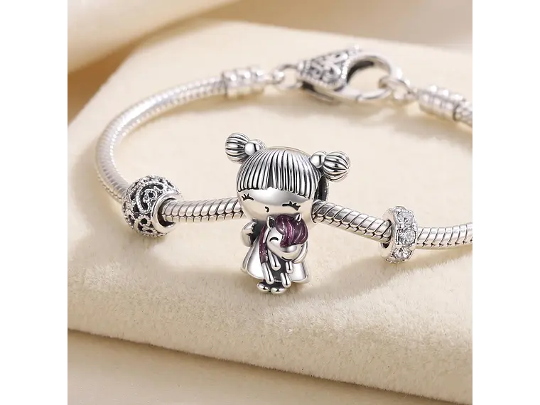 Charm Dije Plata 925 Niña Con Peluche Unicornio 3