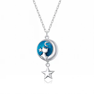 Collar Plata 925 Gatito con Luna y Estrella
