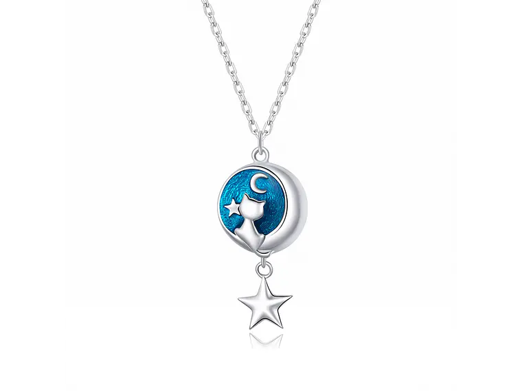 Collar Plata 925 Gatito con Luna y Estrella 1