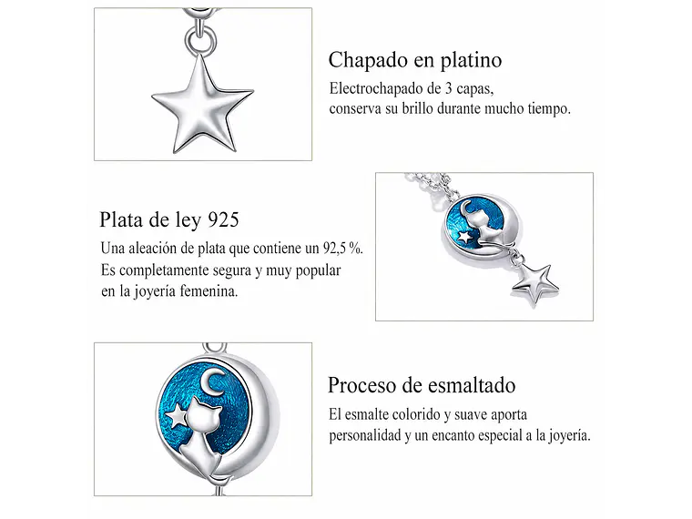 Collar Plata 925 Gatito con Luna y Estrella 7