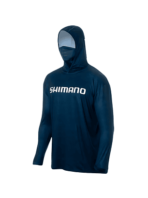 Polera Shimano Tech Tee manga larga con capucha y buff Dark Blue