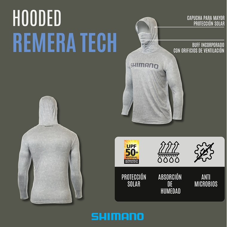 Polera Shimano Tech Tee manga larga con capucha y buff Light Grey 2