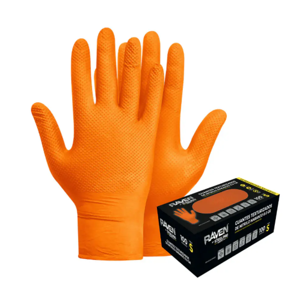GUANTE RAVEN NITRILO TEXTURIZADO NARANJA 8.0 GR   (CAJA 100 UNIDADES) 3