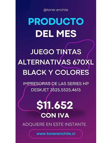 JUEGO TINTAS ALTERNATIVAS 670XL BLACK Y COLORES 