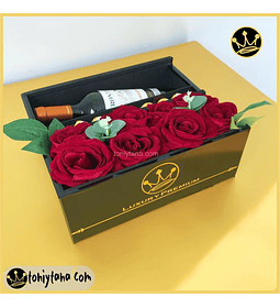 FLORES CON CHOCOLATES Y VINO