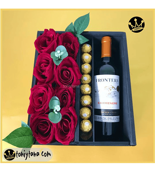 FLORES CON CHOCOLATES Y VINO