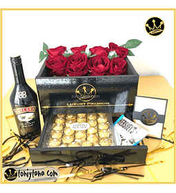 FLORES CON CHOCOLATES FERREROS Y BAILEYS