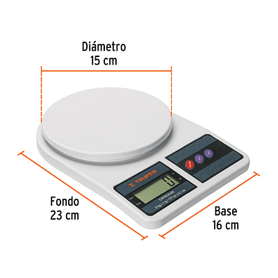 Balanza Digital 5kg Plato Polipropileno 2Medidas 2AA para Cocina, Truper 15161