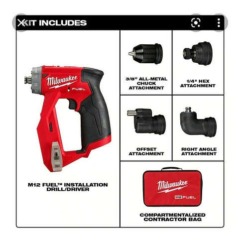 Taladro De Instalación 4 en 1 Milwaukee M12 Fuel Cabezal Intercambiable 2505-20 3