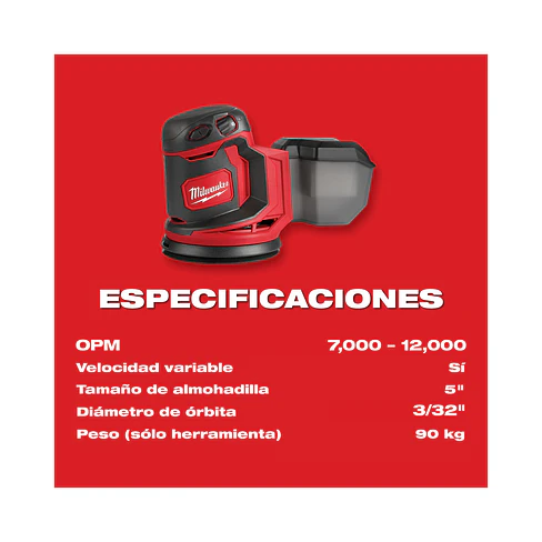 Lijadora Roto Orbital Inalámbrica 5 Pulgadas Milwaukee M18 2648-20 3