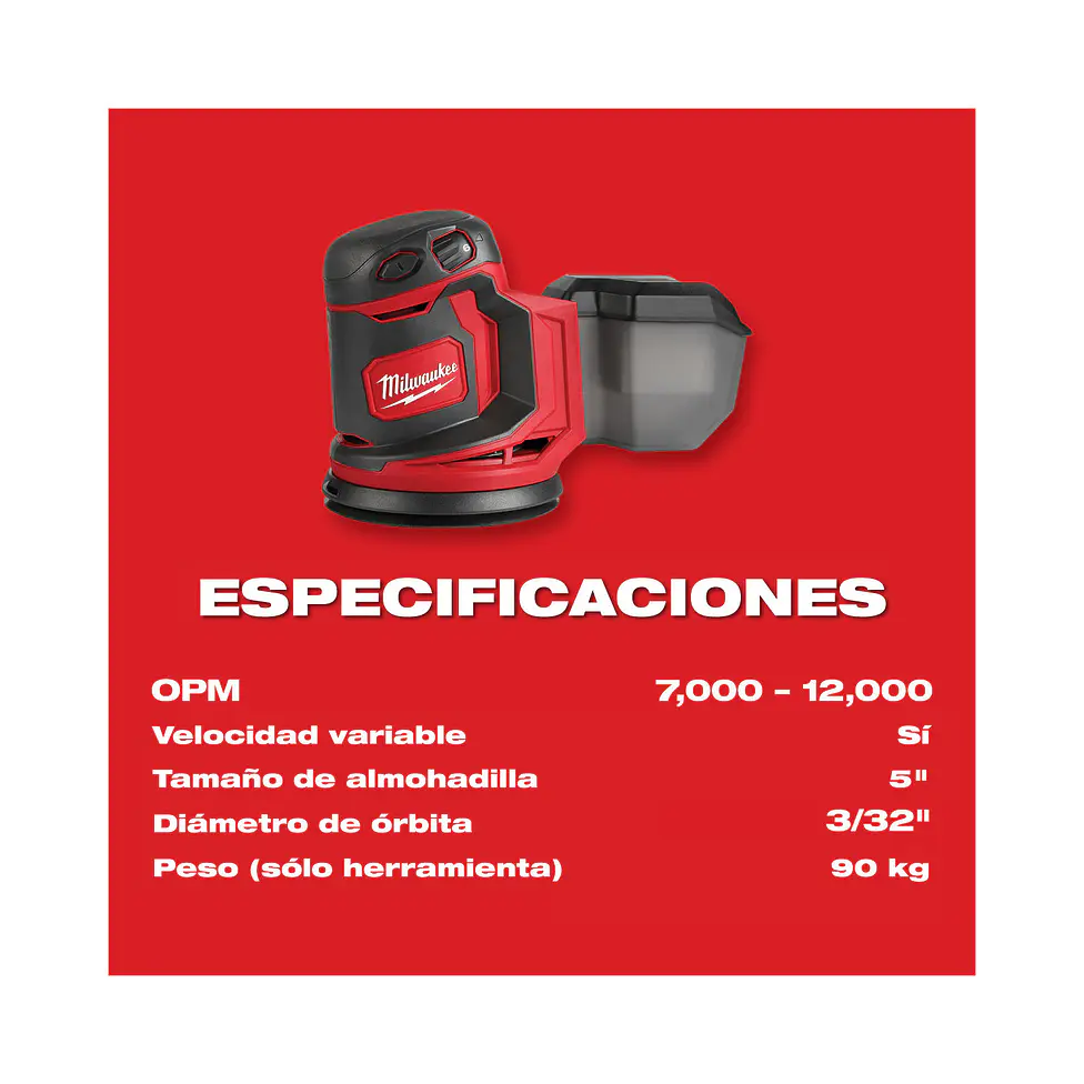 Lijadora Roto Orbital Inalámbrica 5 Pulgadas Milwaukee M18 2648-20 3
