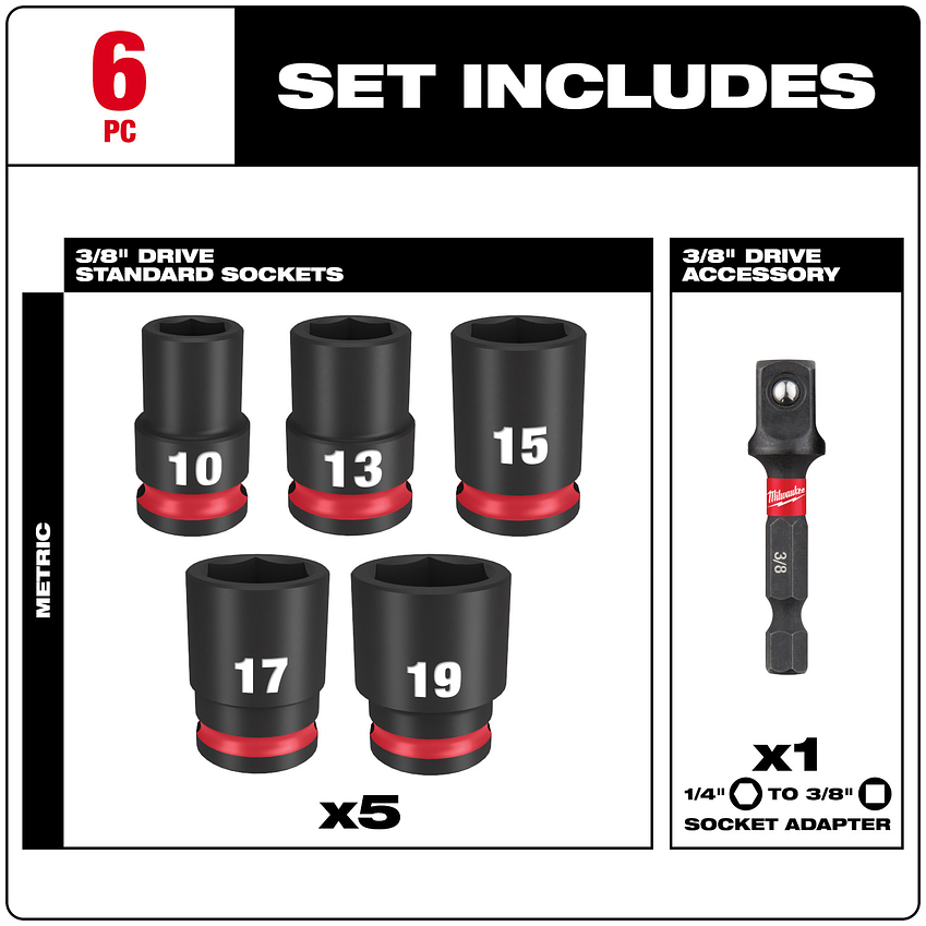 Milwaukee Set 5 Dados De Impacto 3/8 + Adaptador 1/4 Hex 49-66-7036 4