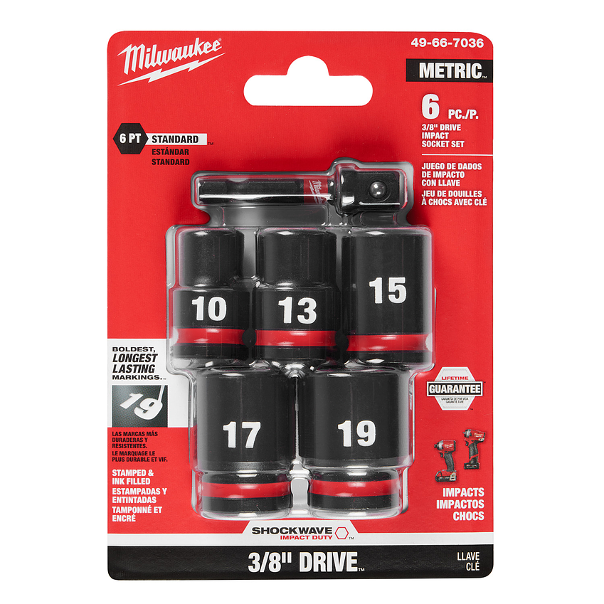 Milwaukee Set 5 Dados De Impacto 3/8 + Adaptador 1/4 Hex 49-66-7036 2