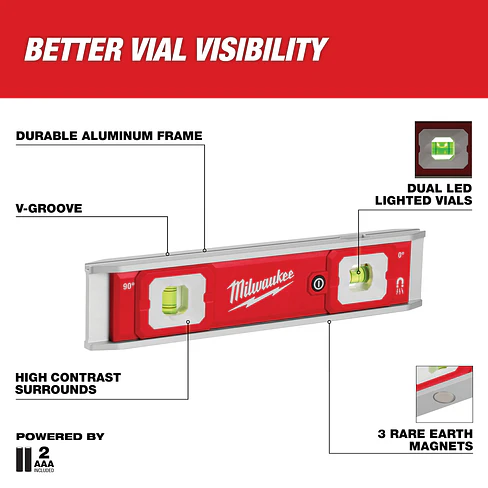 Nivel De Burbuja Milwaukee Aluminio 22 cm Con Viales Iluminados 48-22-5105 10