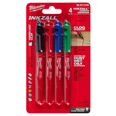 Pack 4 Marcadores Milwaukee Inkzall Punta Fina Colores 48-22-3106 2
