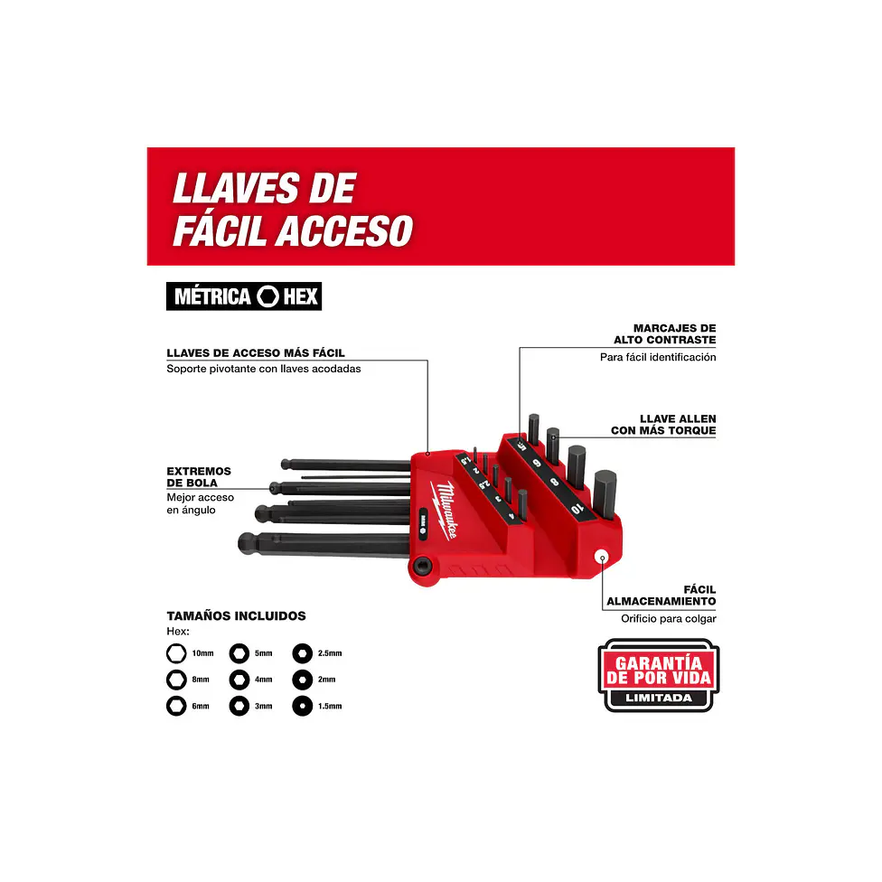 Milwaukee Juego De Llaves Allen Métricas Tipo Bola 9 Piezas 48-22-2186 7