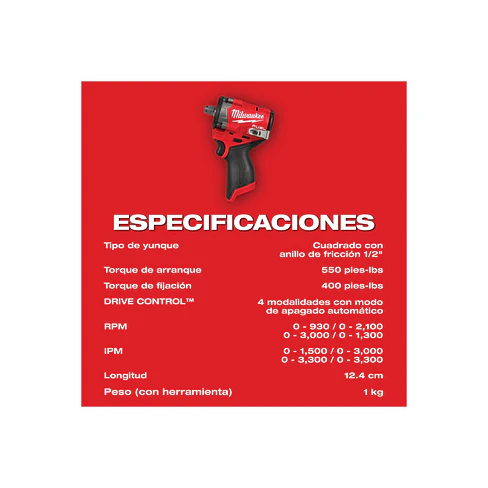 Llave de Impacto Milwaukee M12 FUEL Stubby 1/2” 745 Newton Metro 2563-20 5
