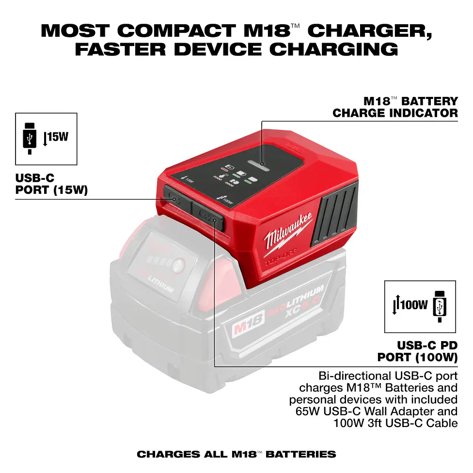 Cargador y Fuente de Alimentación USB Milwaukee M18 TOP-OFF 2847-20 3