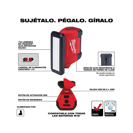 Foco Led Magnético 700 Lúmenes Milwaukee M12 Rover Usb Power Bank 2367-20 7