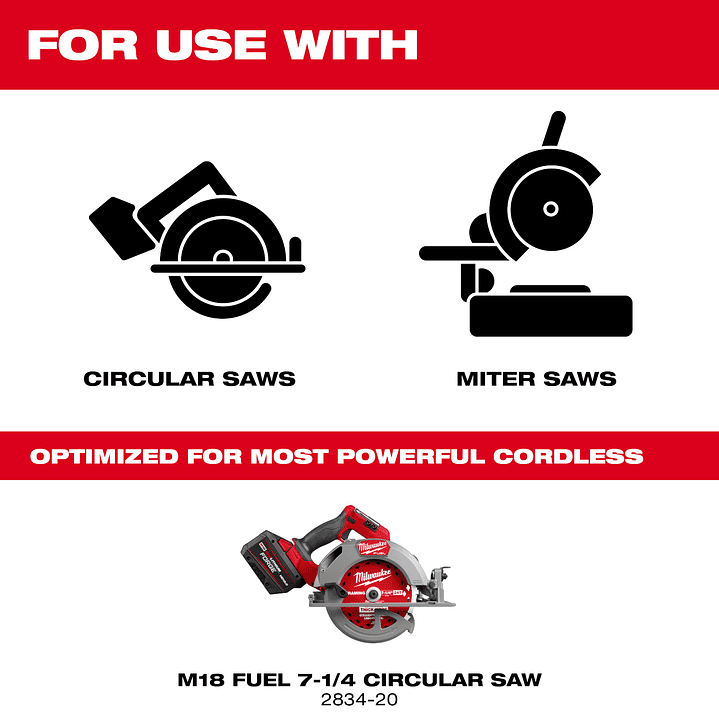 Disco De Sierra Corte Grueso 7-1/4 Milwaukee Thick Kerf 24 Dientes 48-40-0740  12