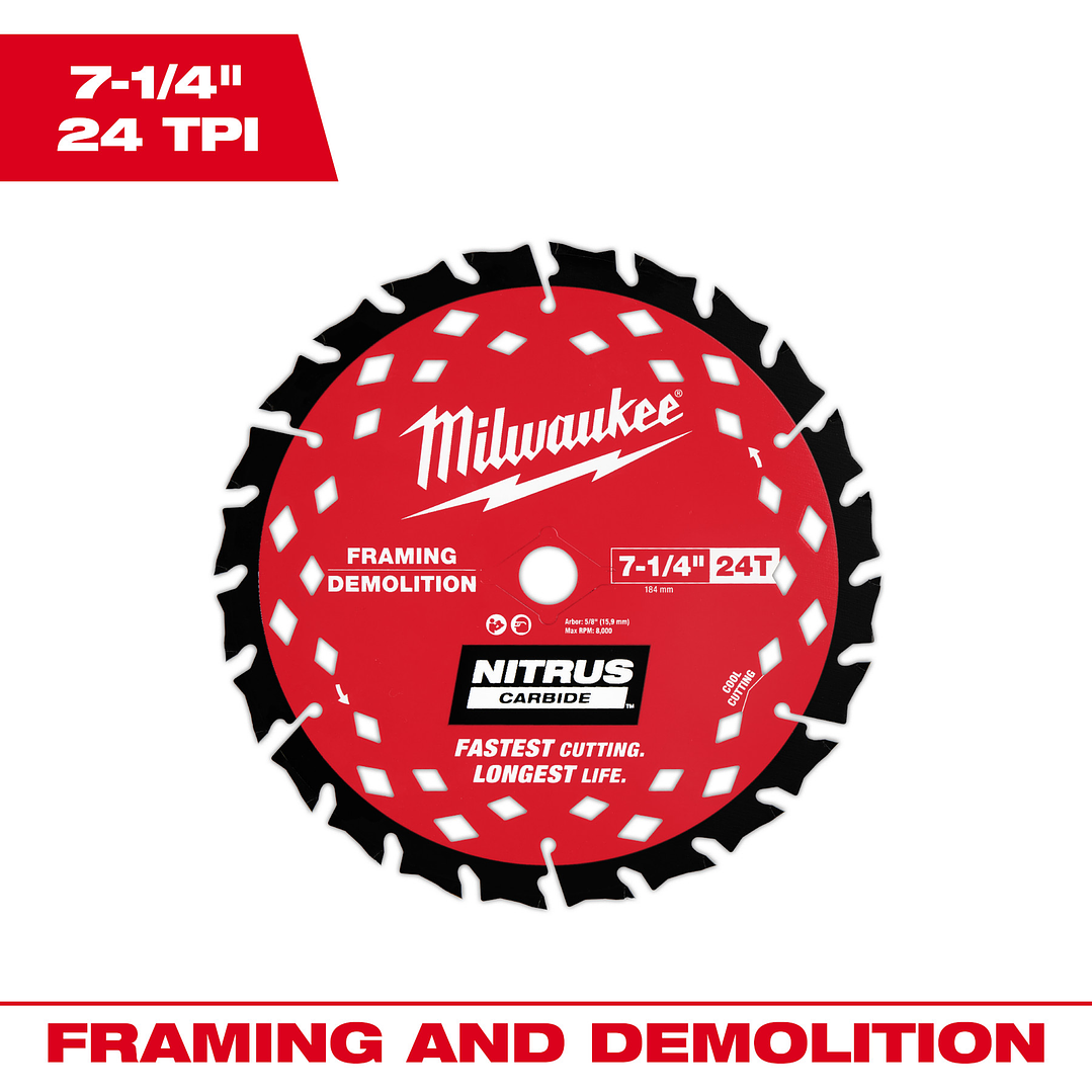 Milwaukee Disco Sierra Circular 7-1/4” NITRUS Carbide Maderas Clavos 48-41-0750 2