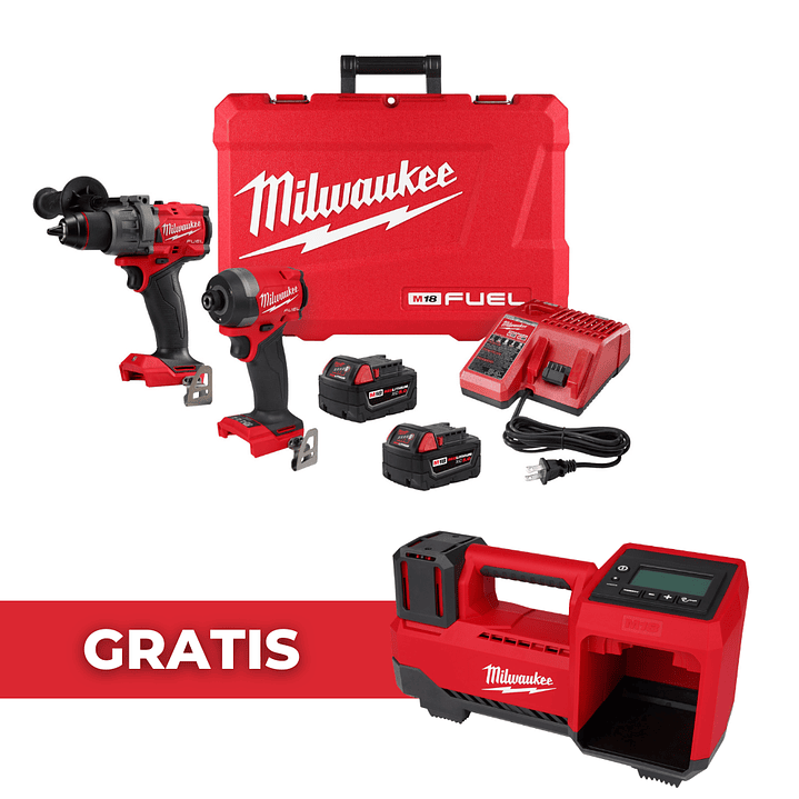 Kit Taladro y Atornillador Milwaukee M18 Fuel 4ta Gen 3697-22 + Inflador Neumáticos 1
