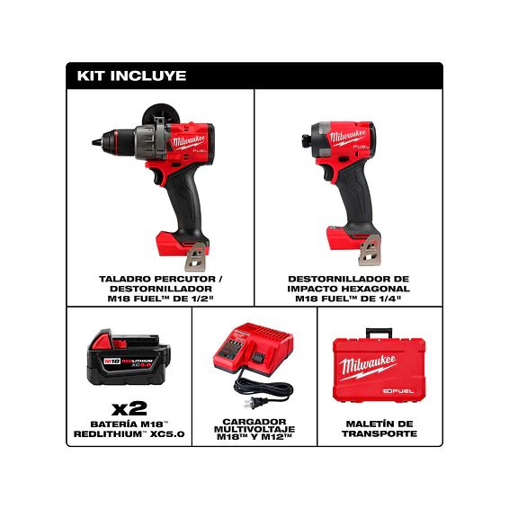 Kit Taladro y Atornillador Milwaukee M18 Fuel 4ta Gen 3697-22 + Inflador Neumáticos 3