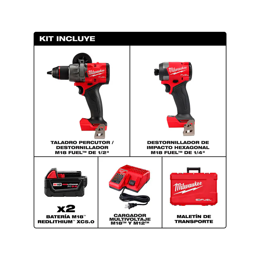 Kit Taladro y Atornillador Milwaukee M18 Fuel 4ta Gen 3697-22 + Inflador Neumáticos 3