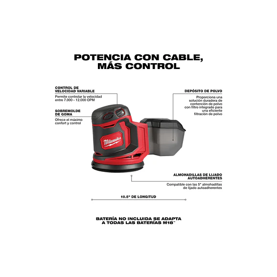 Kit Lijadora Roto Orbital Inalámbrica 5 Pulgadas Milwaukee M18 2648-20 5