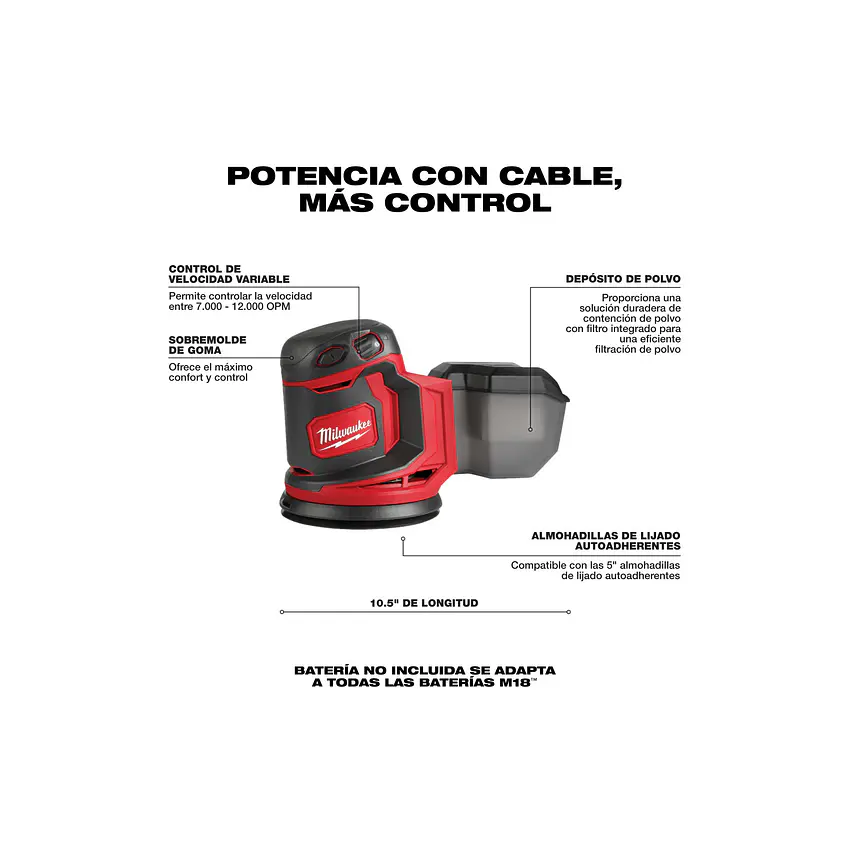 Kit Lijadora Roto Orbital Inalámbrica 5 Pulgadas Milwaukee M18 2648-20 5